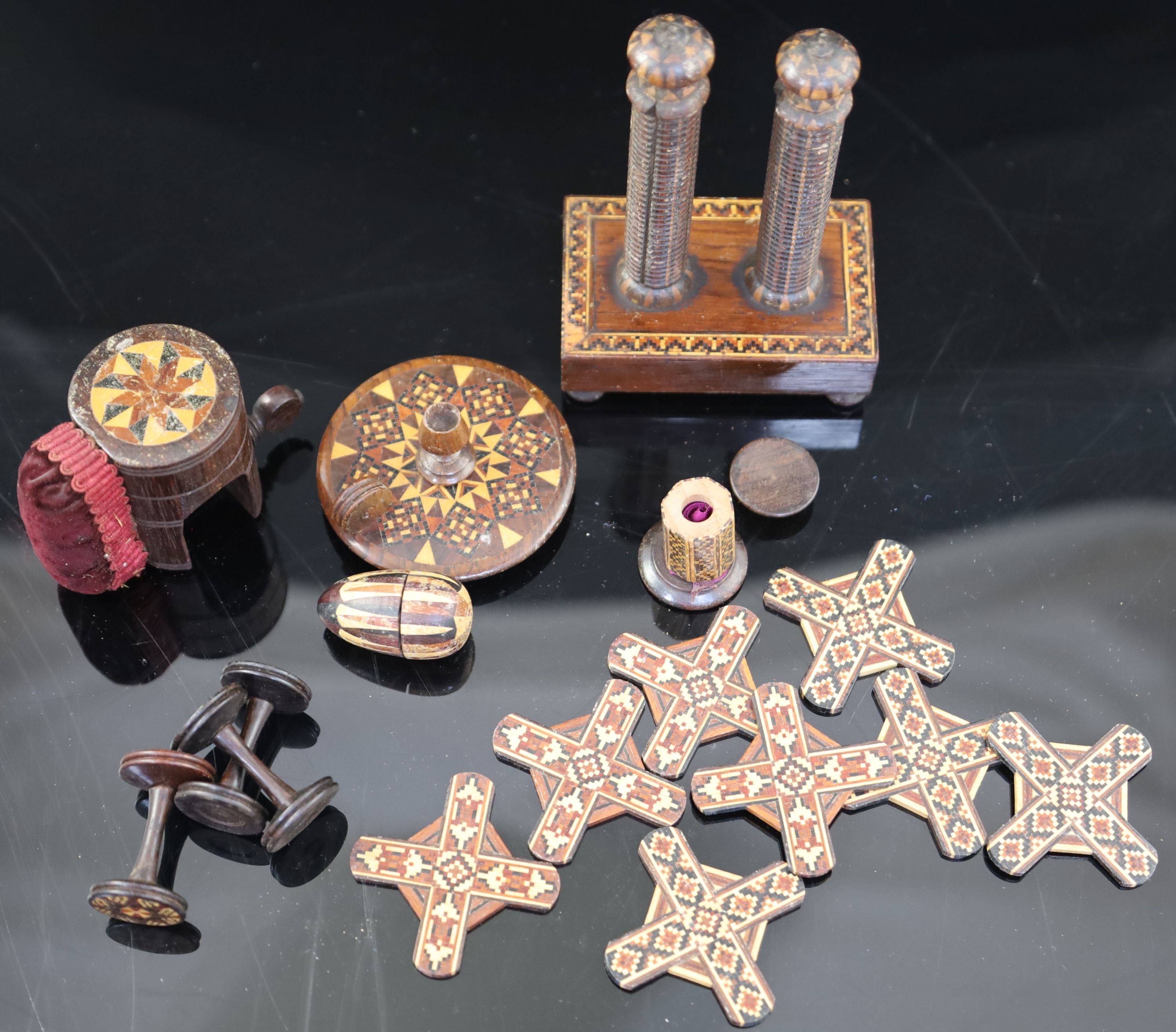 A collection of assorted Victorian Tunbridge ware sewing accessories